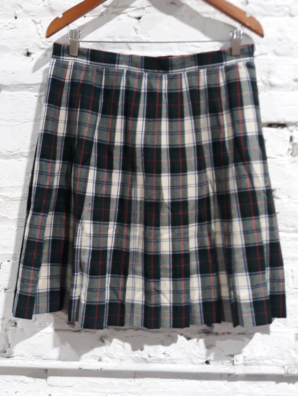 Talbots Vintage Wool Tartan Plaid Pleated Skirt Green Cream Schoolgirl Size 16